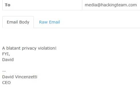 Leaked e-mail body from staff member of Hacking team mentioning a breach of privacy due to leaked information