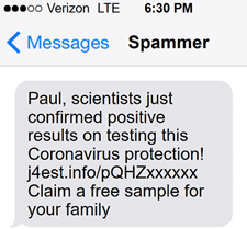 Covid-19 spam SMS message addressed to named mobile subscriber