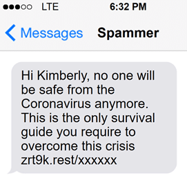 Covid-19 spam SMS message addressed to named mobile subscriber