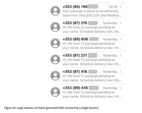 large volume of Flubot generated sms received by a single handset