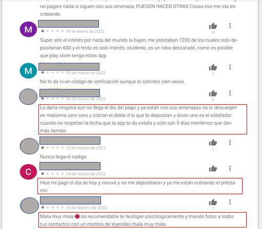 Negative reviews for a mexican payday loan scam app