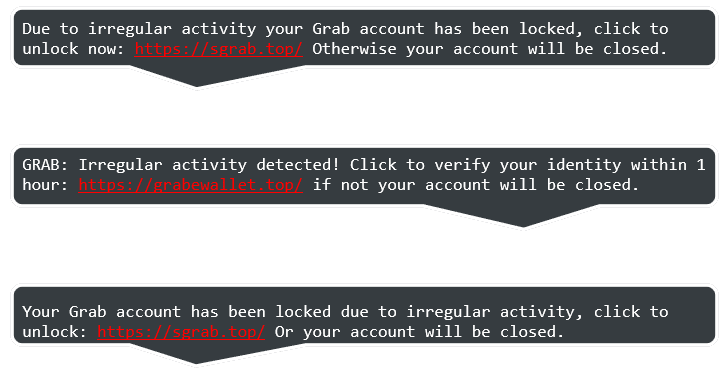 Fake social engineering messages relating to user's Grab account