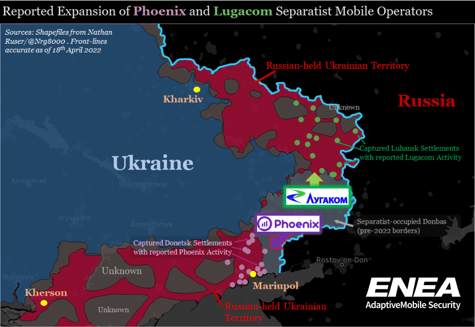 Villages or Settlements where the expansion of Phoenix (pink) and Lugacom (green) Basestations or equipment has been reported. Front lines as reported as of 18th April. Sources: Social Media, Phoenix, Lugacom. Frontlines shapefiles