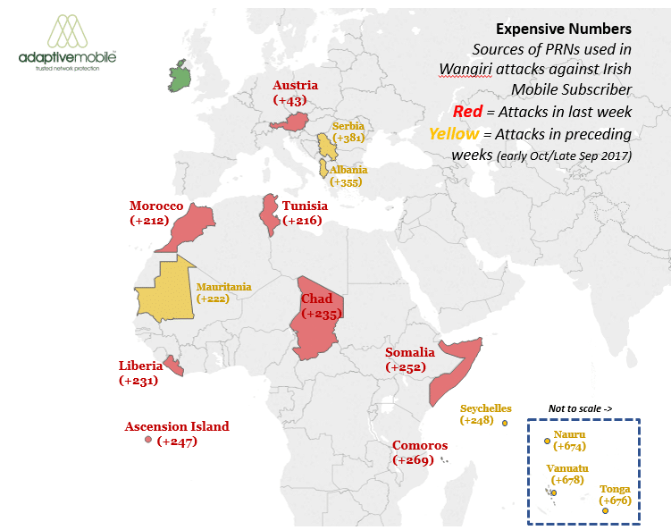 Map of the sources of Premium Rate Numbers targeted by Wangiri spam callers